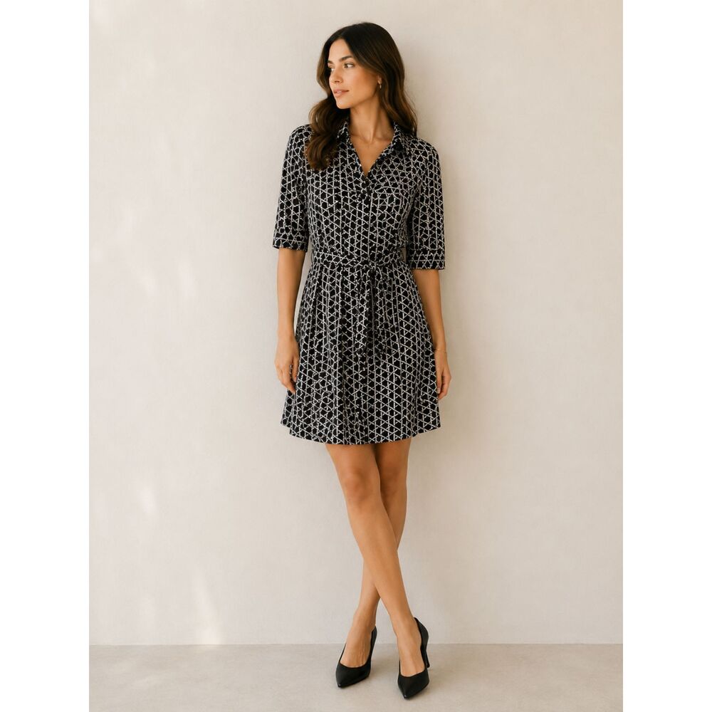Laundry by Shelli Segal Black White Geometric Shirt Dress Belted Career Size 10